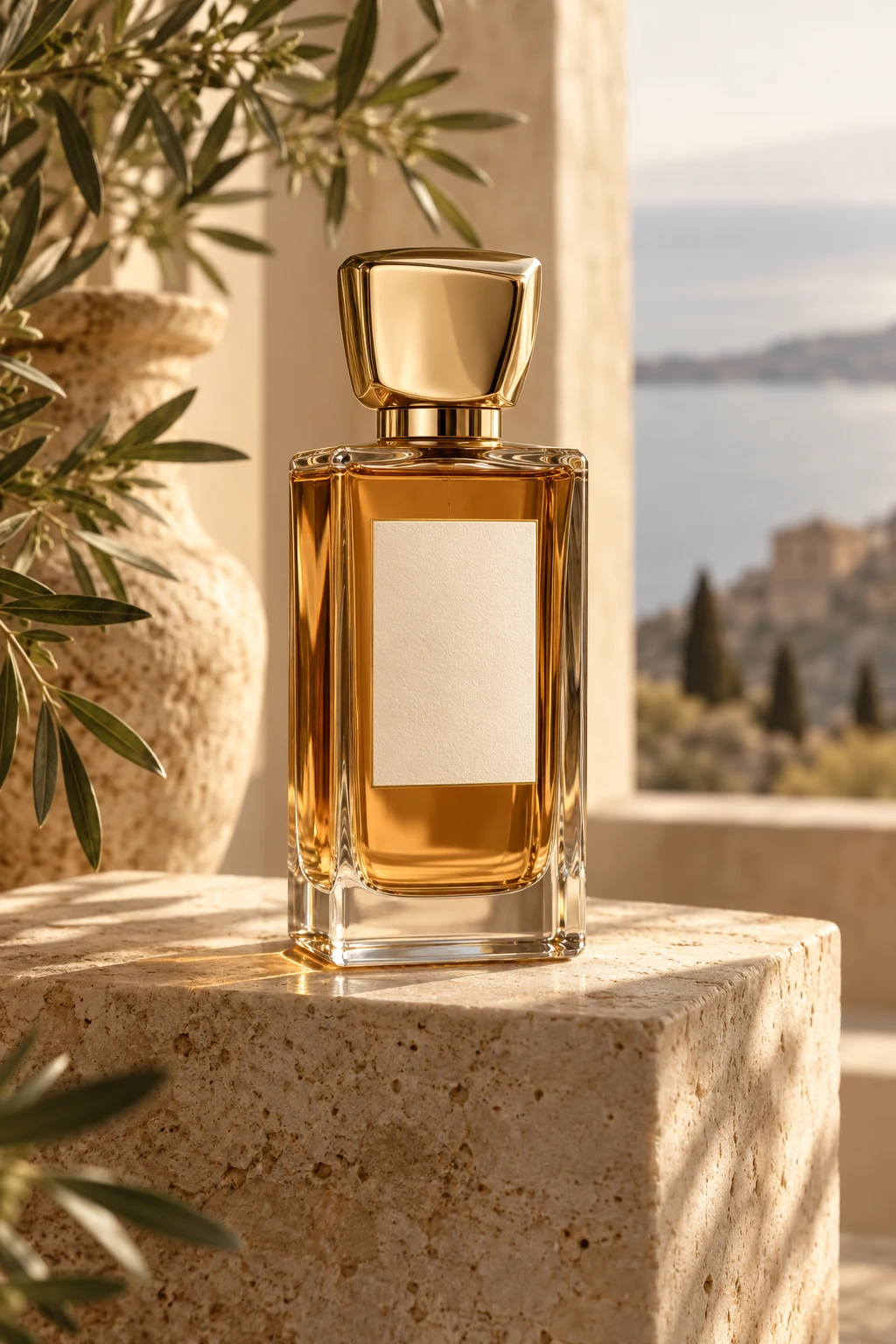Elegant amber Ranomore perfume in a clear glass bottle